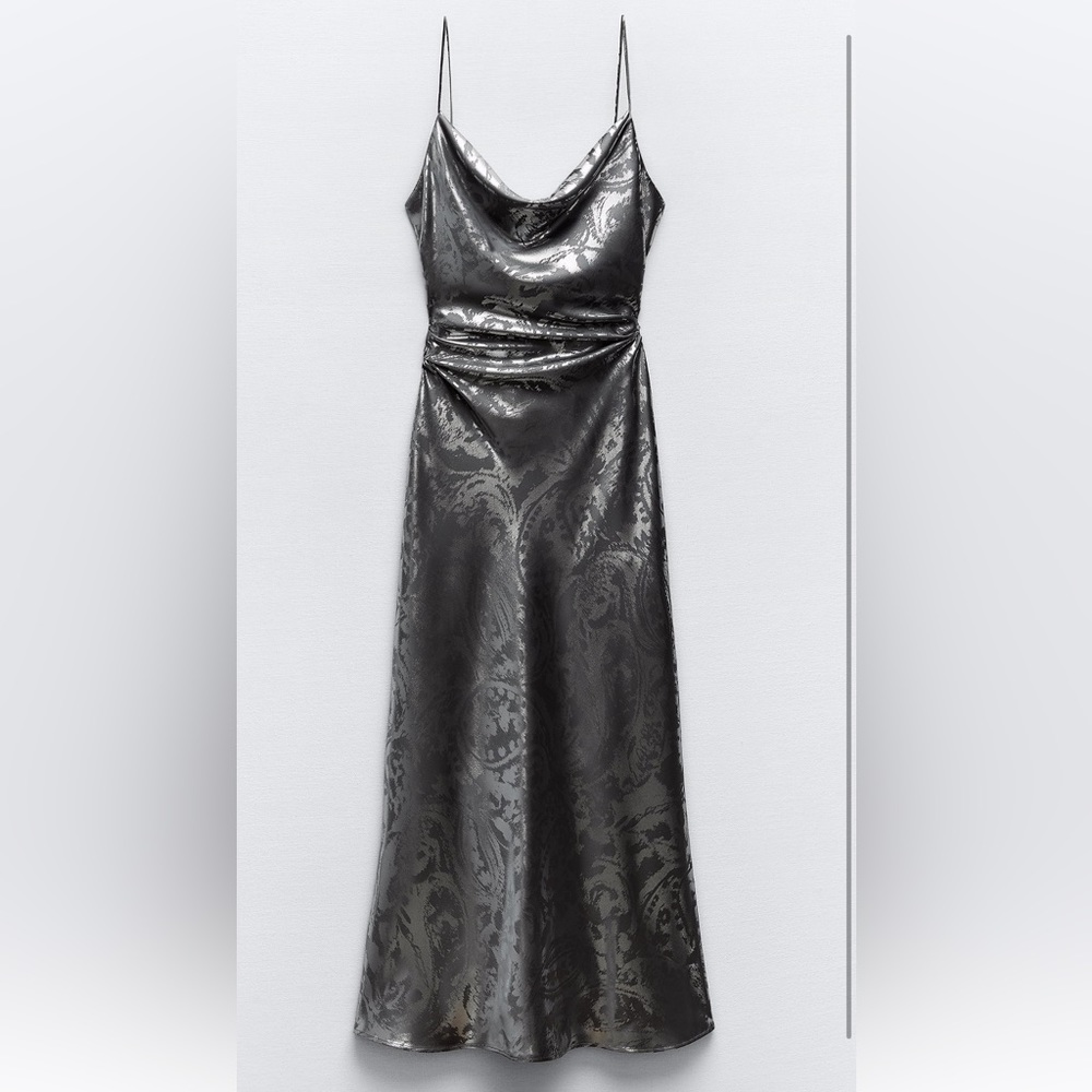 NWT Zara Metallic Silver Silk Midi Dress